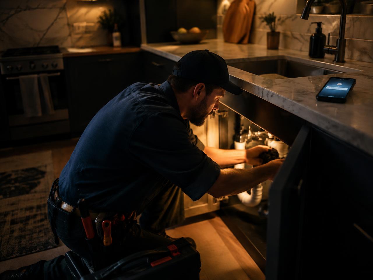 Plumber repairing a sink while his phone shows an incoming inquiry handled by AI